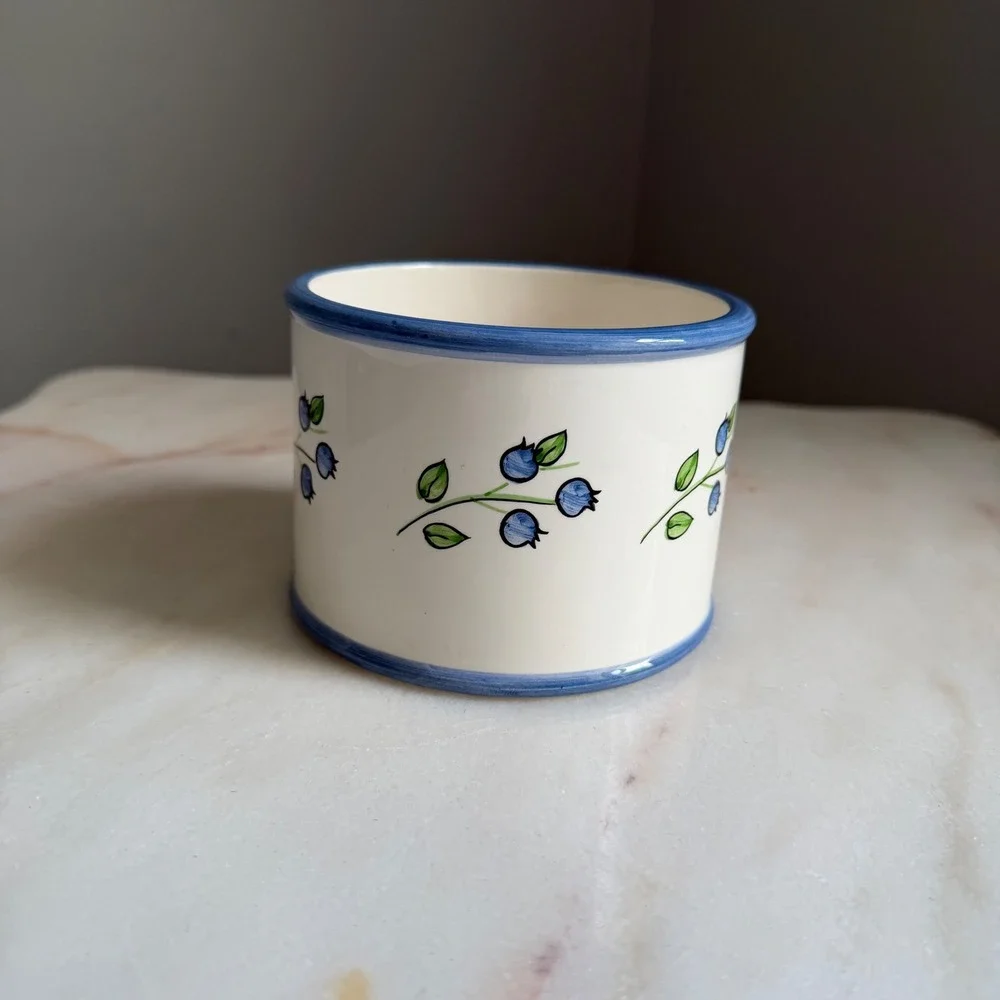 Ceramic Blueberry Crock Hand Painted Blue White Planter Jar 4.75in Cottagecore